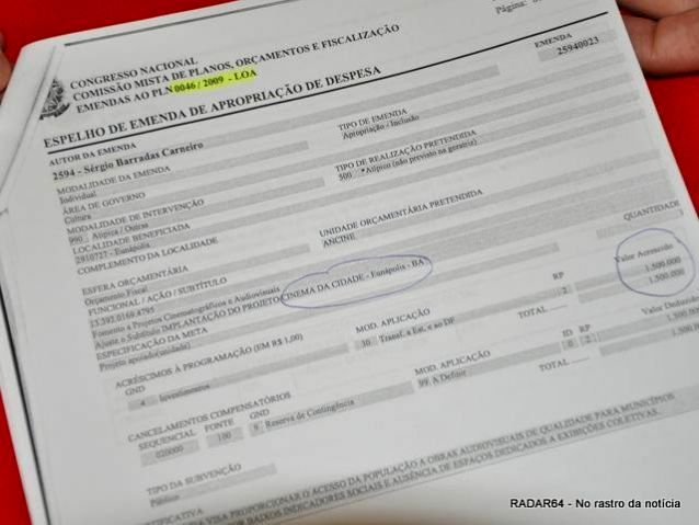 Espelho das emendas colocadas e aporvadas por S&eacute;rgio Carneiro no Or&ccedil;amento da Uni&atilde;o